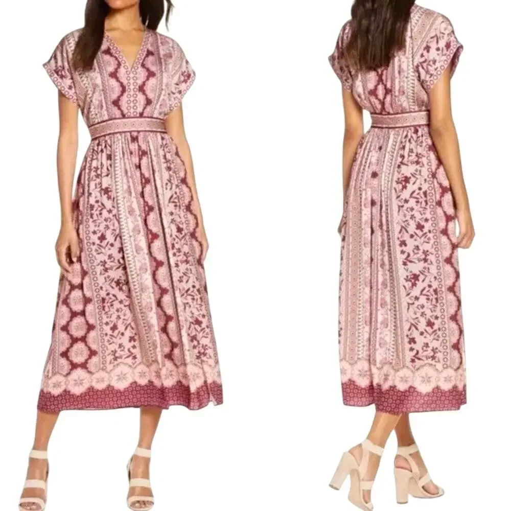 Gal Meets Glam Dress Liza Floral Midi Pink Burgundy Short Sleeve Modest 6
